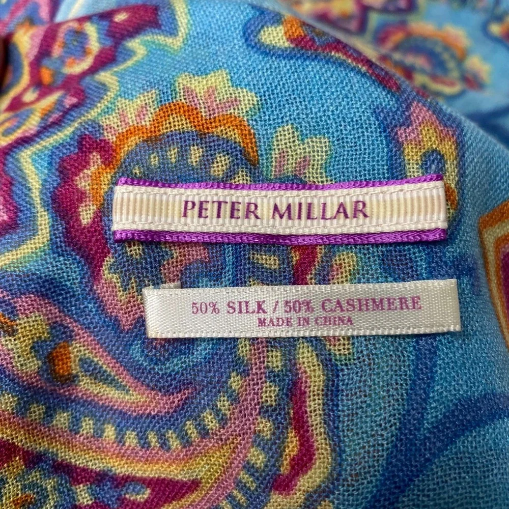 Peter Millar Silk Cashmere Paisley Scarf Blue Pink‎ Fringe 27x72 Quiet Luxury